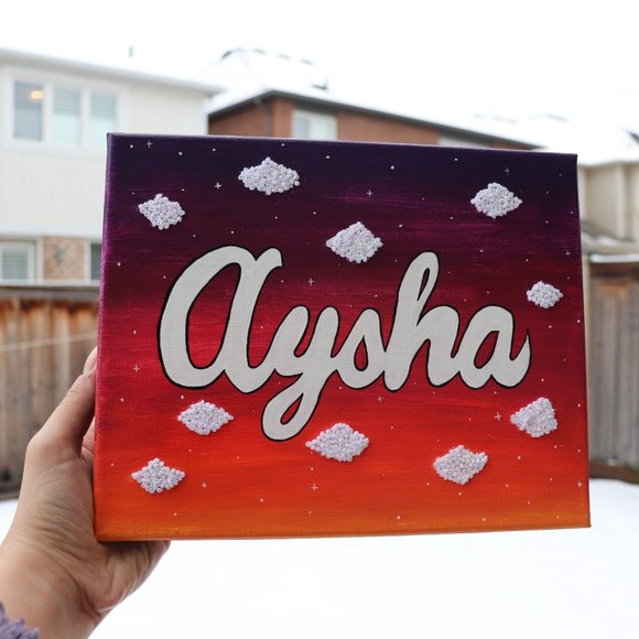 Handmade Personalized Name Canvas with sunset and embroidered cloud background. - Picture 3 of 4